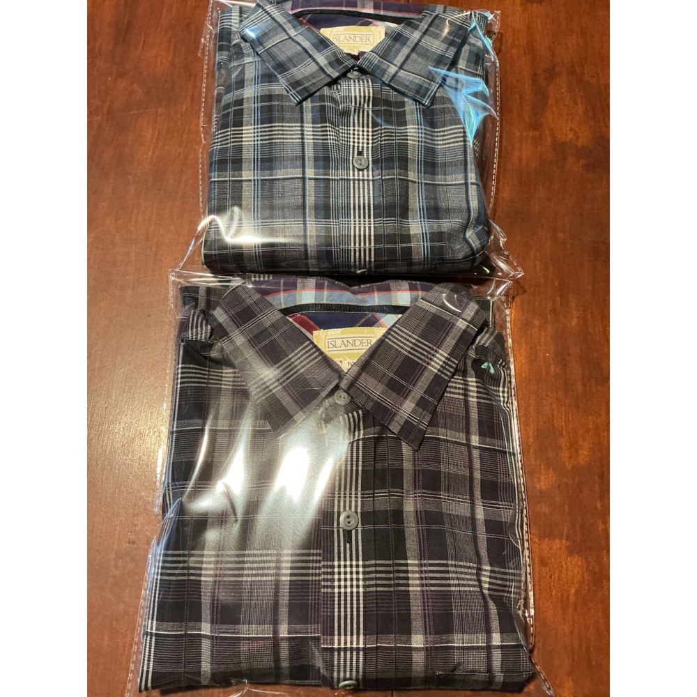 2 Islander Mens Blue Gray Plaid Button Down Shirt Long Sleeve Cotton Size M
